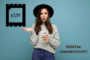 A woman wearing a hat and with a phone asking about eSIM