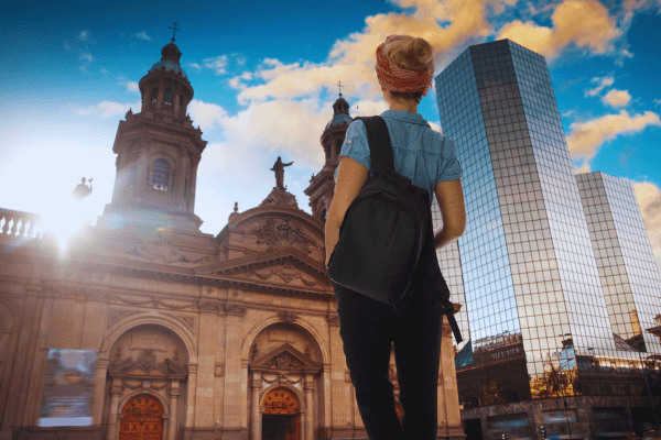 Traveler standing outside the church