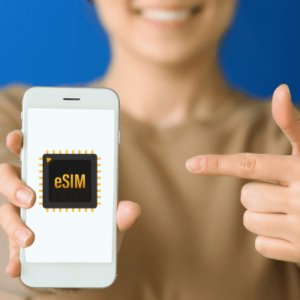 Woman holding phone with eSIM