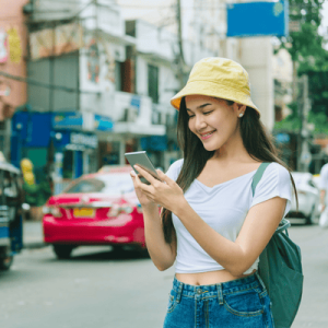 Traveler asian woman with mobile phone travel in bangkok city Thailand