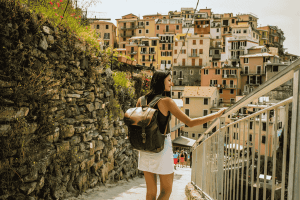 Smiling woman traveling Italy