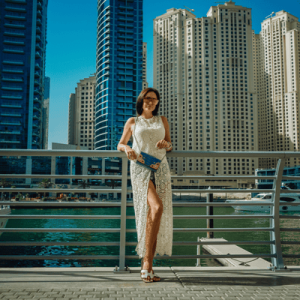 Dubai travel tourist woman on vacation walking