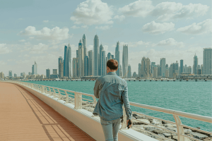 Man Walking Along Dubai Marina Promenade