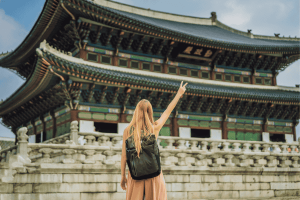 Woman Tourist in Korea. Gyeongbokgung Palace Grounds in Seoul, South Korea