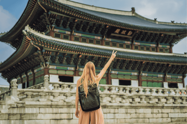 Woman Tourist in Korea. Gyeongbokgung Palace Grounds in Seoul, South Korea