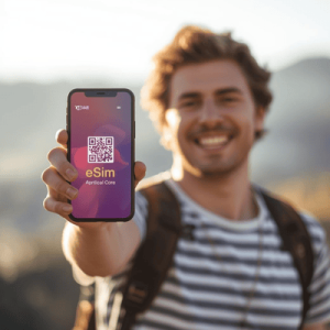 A happy traveler holding a eSIM phone with QR code