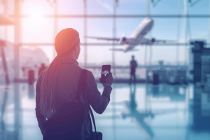 A traveler at the airport using a smartphone with eSIM connection icons and an airplane in the background.