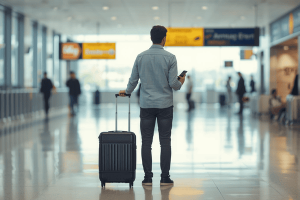 A traveler holding luggage and mobile phone arriving at the airport