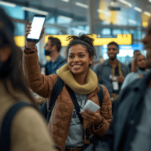 Diverse group of travelers in an airport, one person holding up a phone to check tickets, smiling faces, energetic travel vibe.