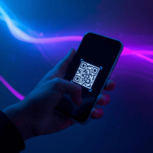 Hand holding a smartphone scanning a QR code to activate eSIM for international travel