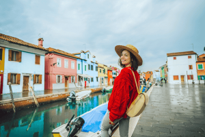 Smiling Tourist Traveling in Italy