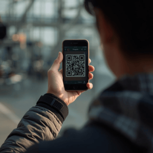 Traveler holding phone with eSIM QR code