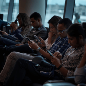 Travelers at the airport lounge using mobile phone with eSIM