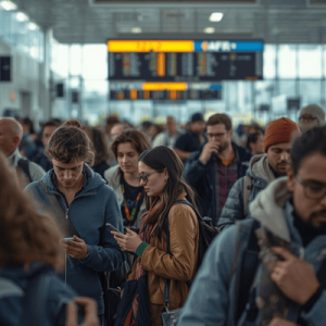 Travelers on the airport using mobile phone