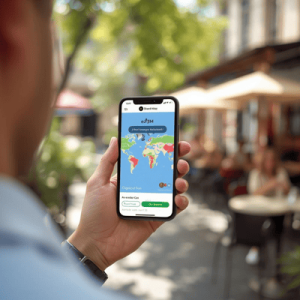 a digital nomad traveling using mobile phone with eSIM activated