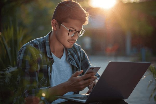 a digital nomad using mobile phone and laptop on side