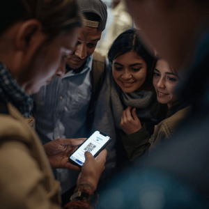 a group of traveler holding a mobile phone with eSIM QR code