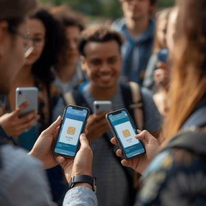 a group of traveler using mobile phone with eSIM activated