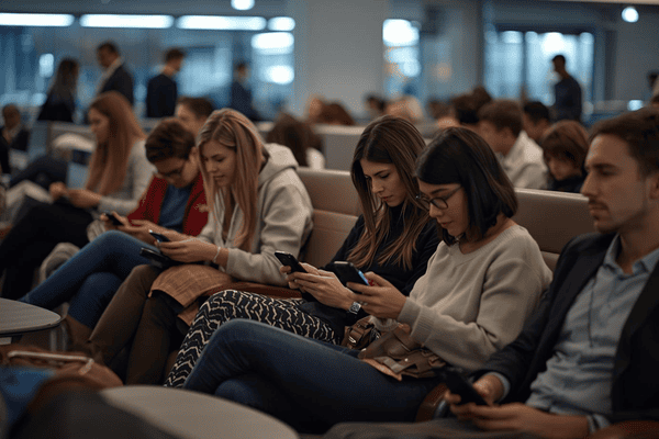 a group of travelers using mobile phone at the airport lounge