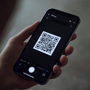 a hand holding a mobile phone with QR activated