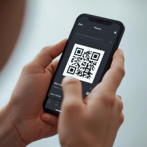 a hand holding a mobile phone with QR activated
