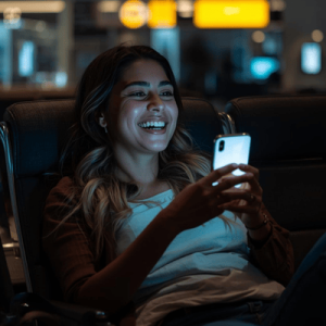 a happy and satisfied traveler using mobile phone at the airport lounge
