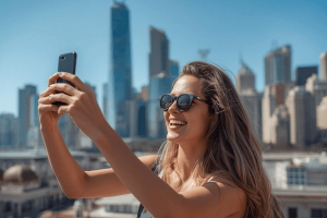 a happy tourist on international travel holding mobile phone