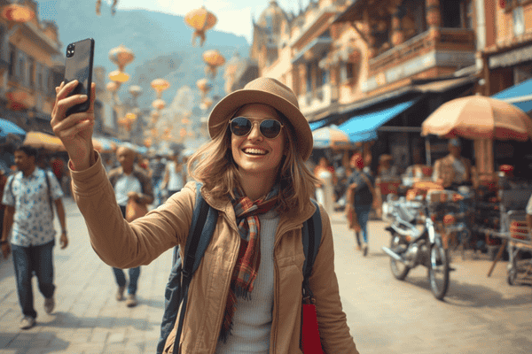 a happy traveler arrived in a country with mobile phone