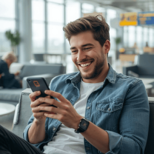 a happy traveler at airport, sitting holding mobile phone with eSIM activated
