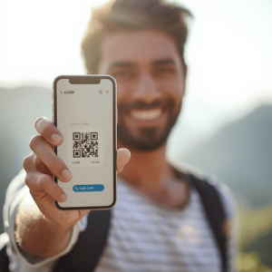 a happy traveler holding a mobile phone with eSIM QR code