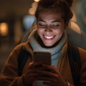 a happy traveler holding a smartphone