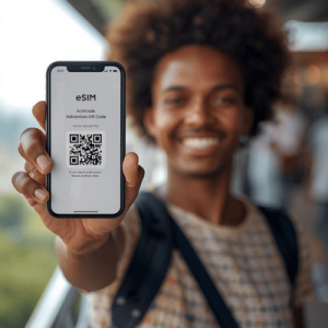 a happy traveler holding a smartphone with eSIM QR activated