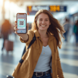 a happy traveler holding a smartphone with eSIM QR activated