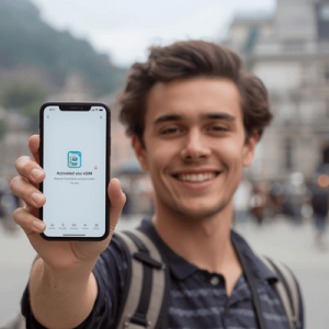a happy traveler showing mobile phone with eSIM activated