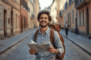 a happy traveler traveling to Europe