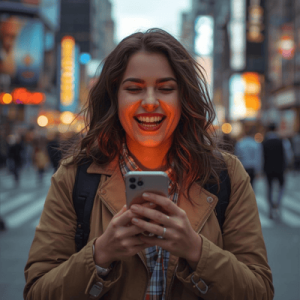 a happy traveler using mobile phone