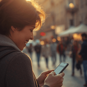 a happy traveler using mobile phone