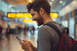 a happy traveler using mobile phone at the airport lobby