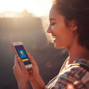 a happy traveler using mobile phone with eSIM activated