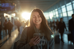 a happy traveler using smartphone at the airport