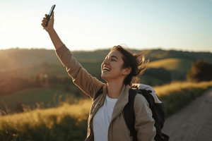 a happy traveler with a smartphone on a country just arrived