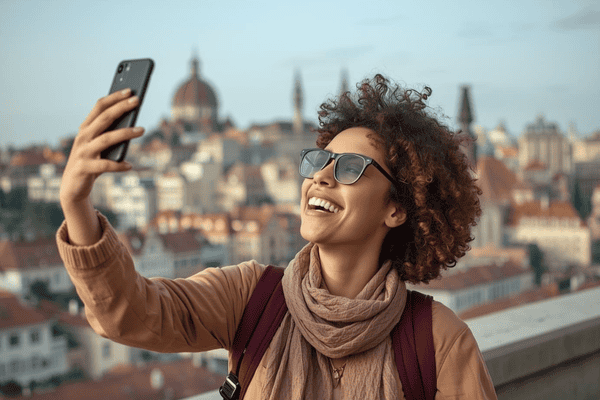 a happy traveler with mobile phone on a international trip