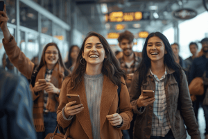 a happy travelers arriving holding their phone