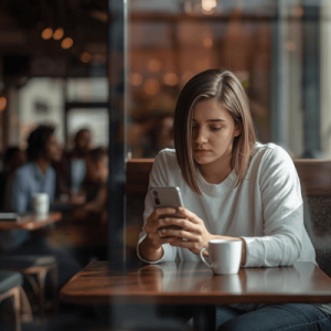 a tourist in a cafe/coffee shop, with mobile phone holding