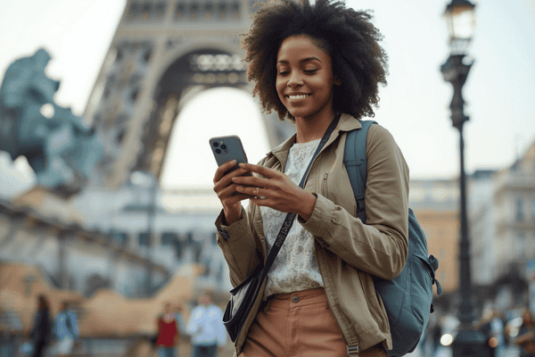 a tourist in international travel holding a mobile phone