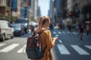 a tourist in international travel holding a mobile phone