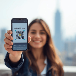 a tourist in travel holding a mobile phone with eSIM QR code activated