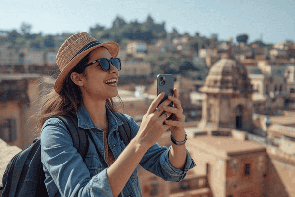 a traveler abroad happy using mobile phone