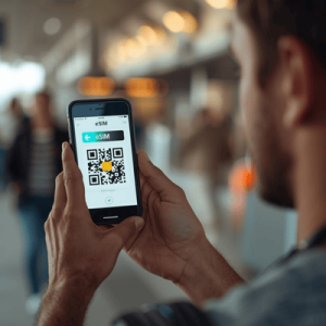 a traveler holding a mobile phone with eSIM QR code