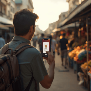 a traveler holding a mobile phone with eSIM activated